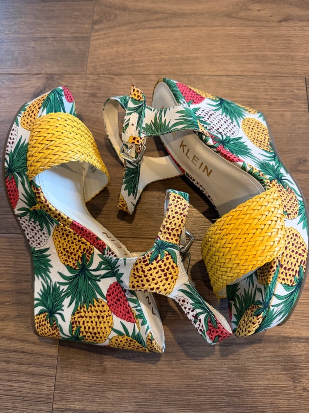 Anne Klein White Pineapple Print Wedge Sandals with Yellow Braided Straps